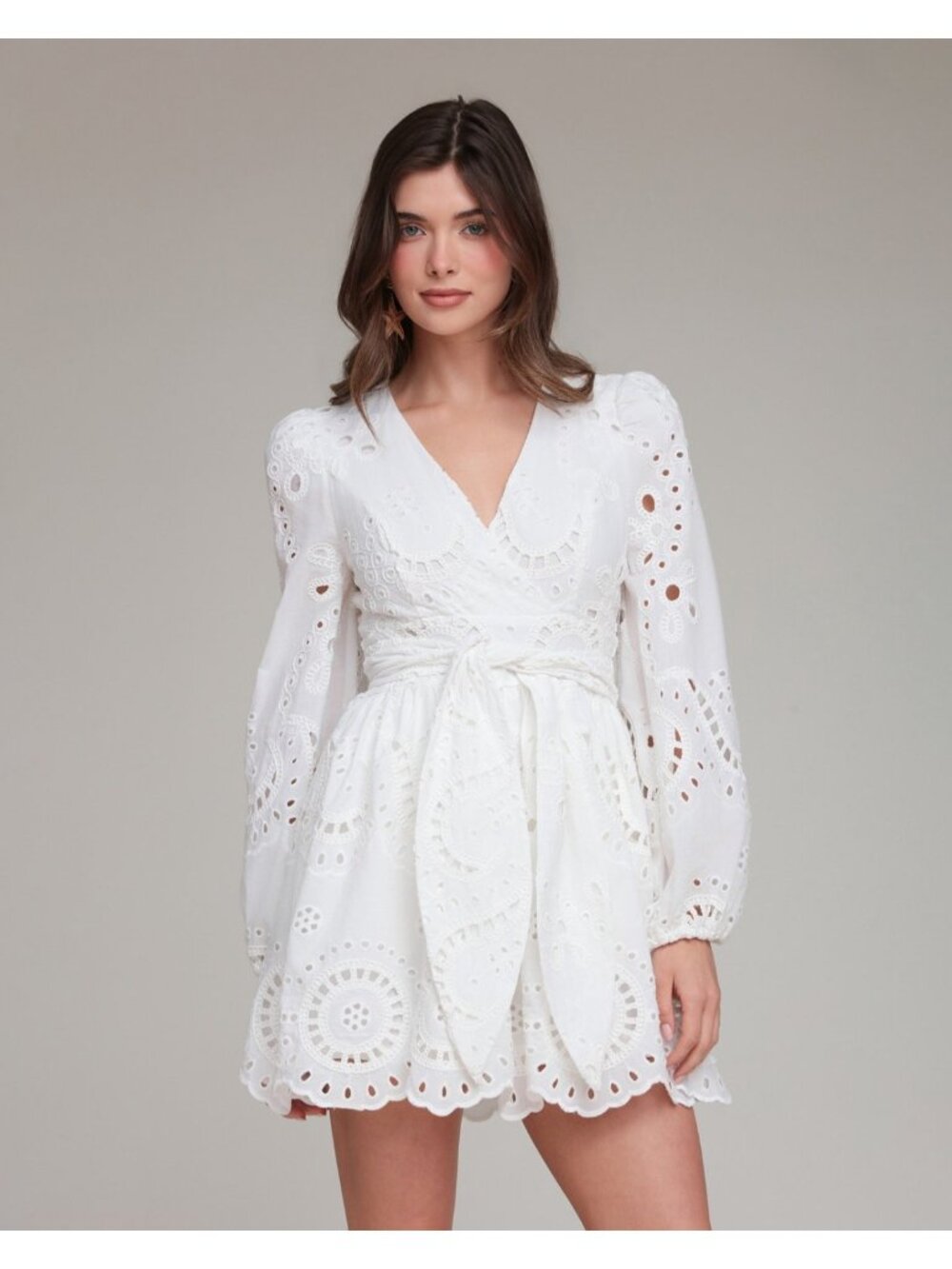 Avec Les Filles Womens White Eyelet Lace Long Sleeve Mini Dress Size 10